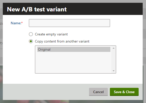 new a/b test variant in kentico